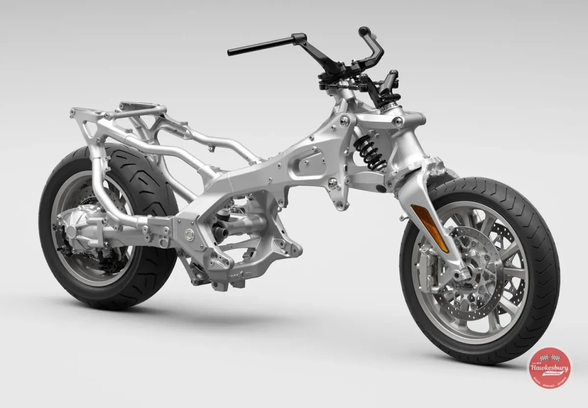 Honda Gold Wing frame showing the double wishbone front suspension, wheels and brake discs