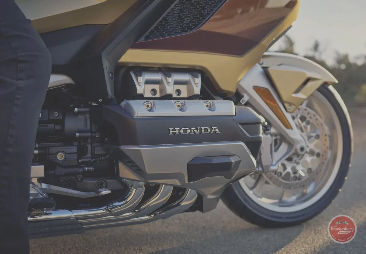 Close-up of the Honda Gold Wing horizontally opposed six-cylinder engine and front wheel