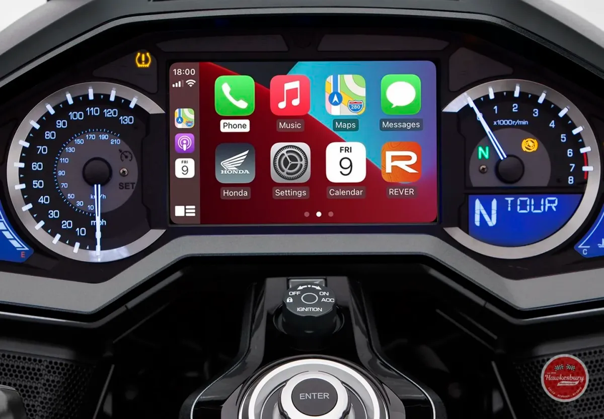 Honda Gold Wing full-colour TFT dashboard showing Phone, Music, Maps, Messages and navigation app icons