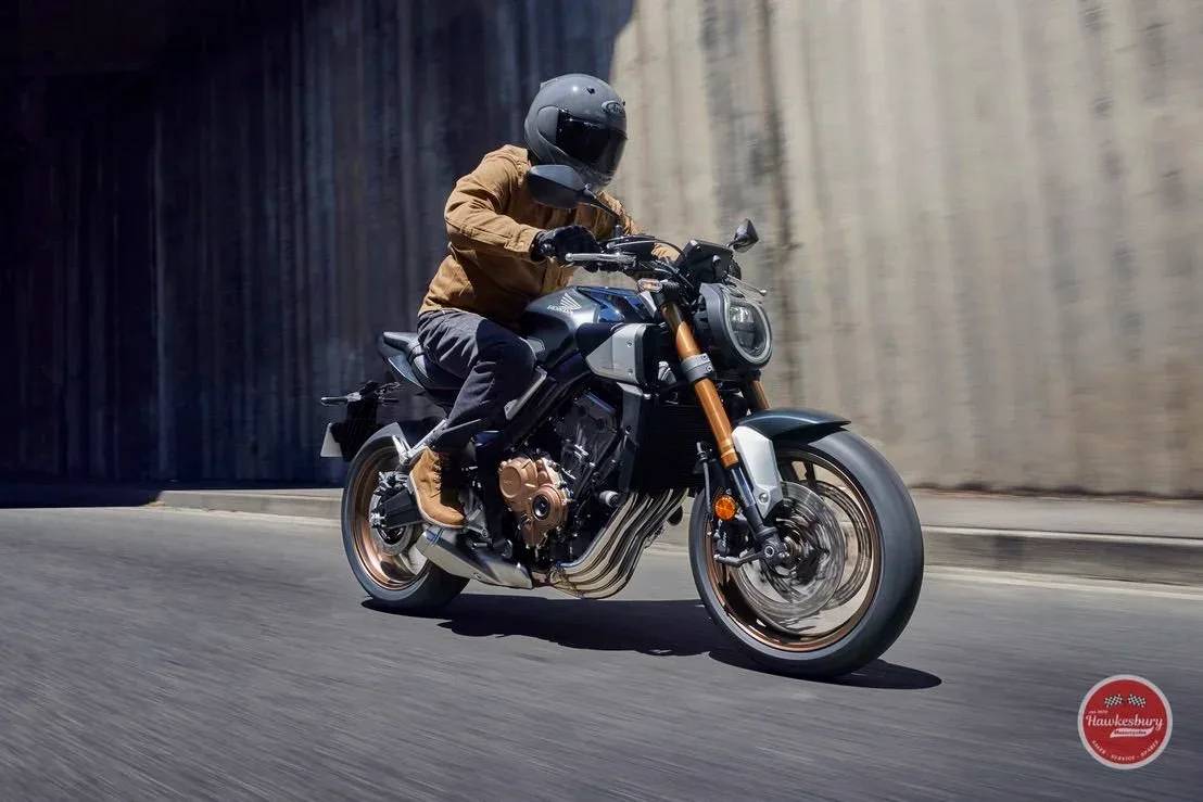 Honda CB650R Neo Sports Café naked motorcycle with round LED headlight, front three-quarter view