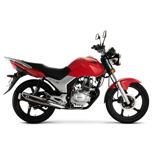 Small red Honda commuter motorcycle with a silver engine and black seat, studio side view