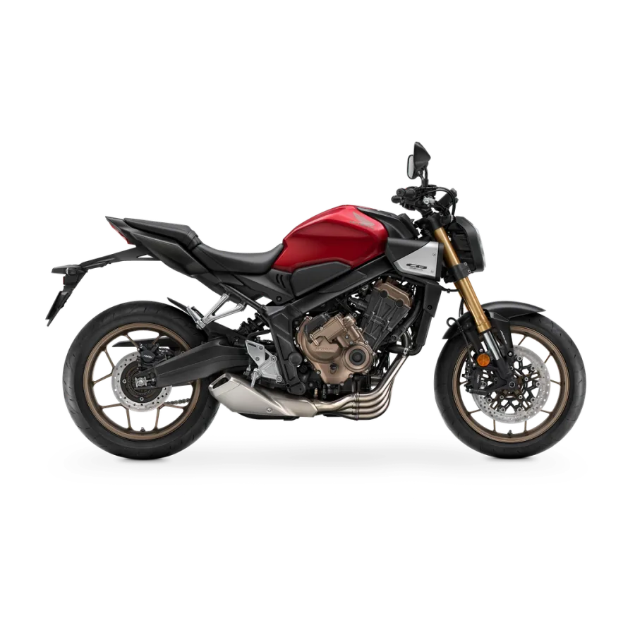 Red and black Honda CB650R with gold front forks and a four-into-one exhaust, studio side view