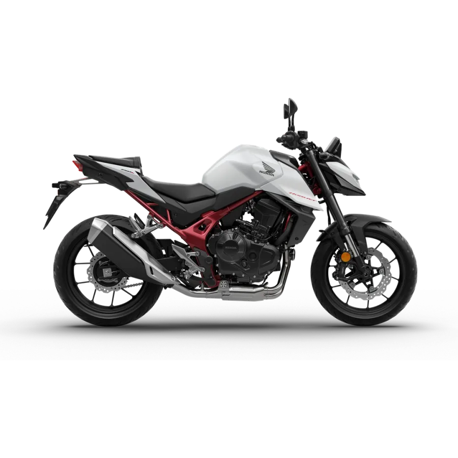 Honda CB750 Hornet in Matte Pearl Glare White with a red frame and black seat, studio side view