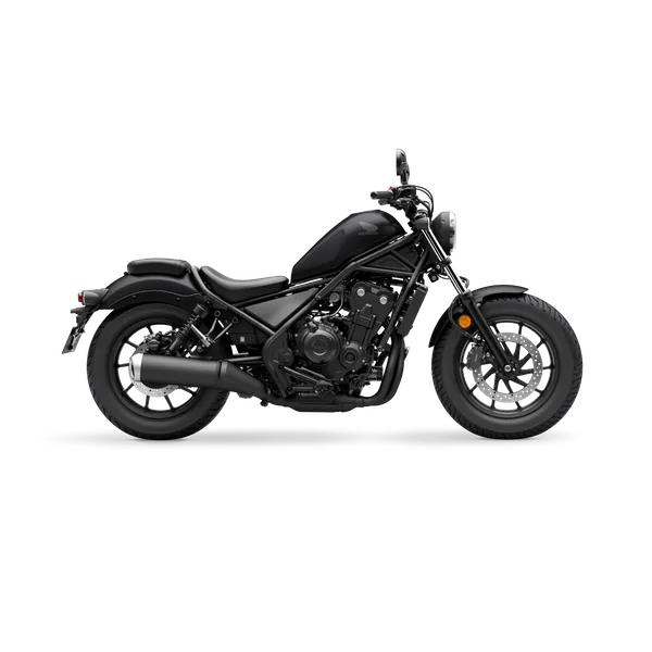 Honda CMX500 Rebel cruiser in Matte Gunpowder Black Metallic, studio side view
