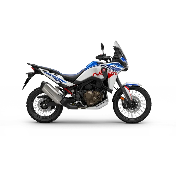 Blue, white and black Honda CRF1100 Africa Twin adventure motorcycle with a large screen and knobby tyres, studio side view