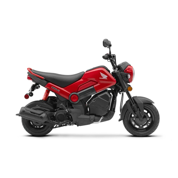 Small red Honda NAVi in Patriot Red, part scooter part mini-bike, studio side view