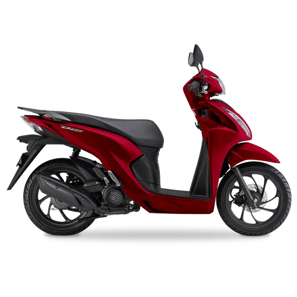 Red Honda NSC110 Dio scooter in Candy Luster Red with a black seat, studio side view