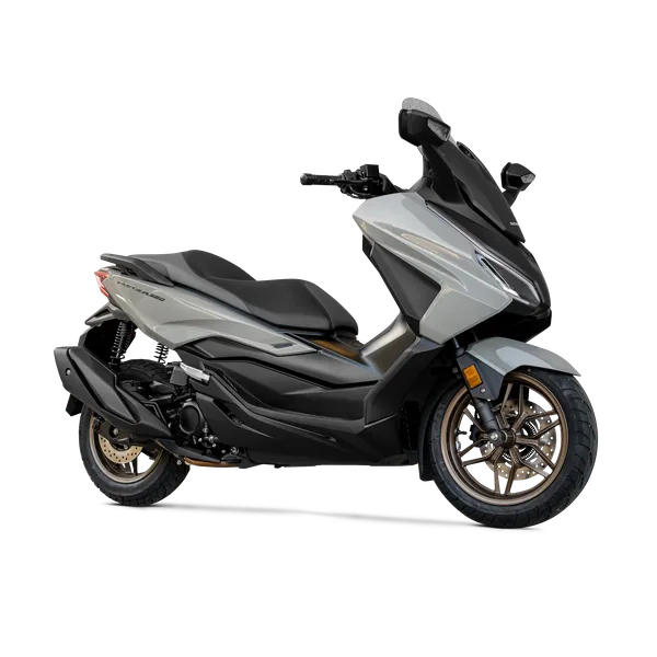 Grey and black Honda NSS350 Forza maxi-scooter with bronze wheels, studio three-quarter view