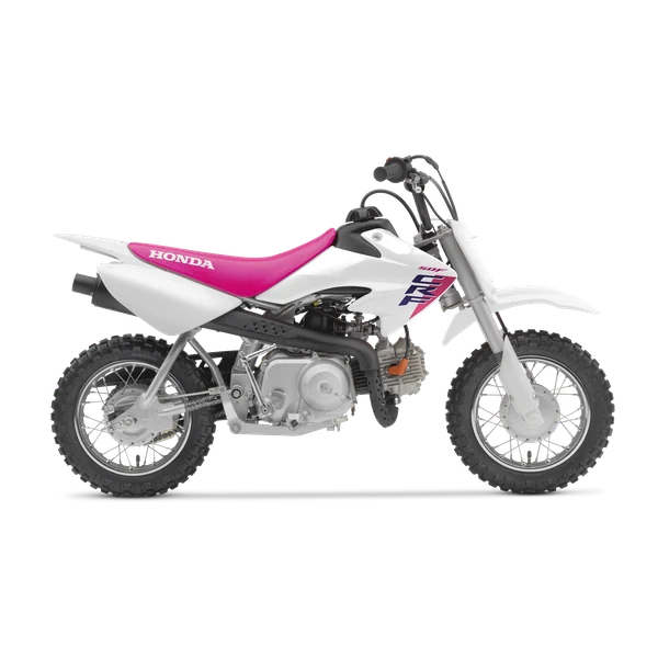 White Honda CRF50F with pink and purple accents, studio side view