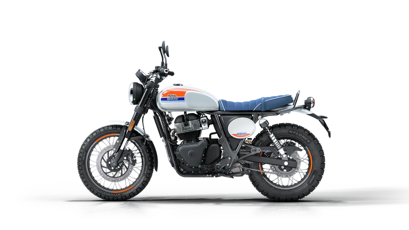 Royal Enfield Bear 650 in Boardwalk White with blue and orange racing accents, side profile