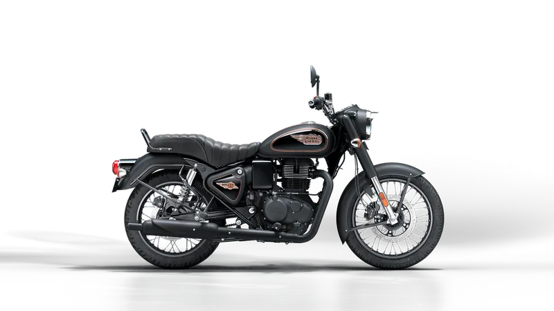 Royal Enfield Bullet 350 in Black Gold with hand-painted gold pinstriping, side profile