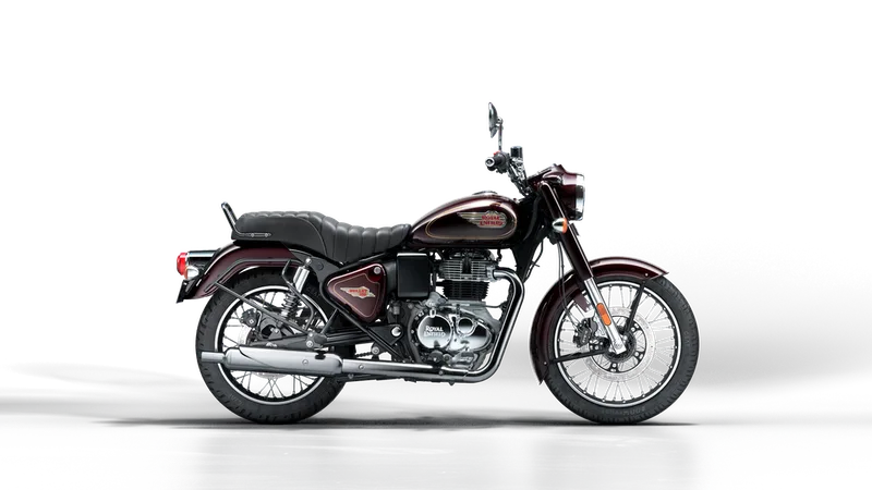 Royal Enfield Bullet 350 in Standard Maroon with chrome tank badges, side profile