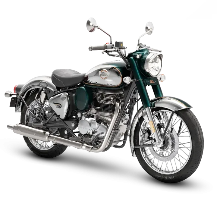Royal Enfield Classic 350 in Emerald green with chrome accents and a black seat, retro styling