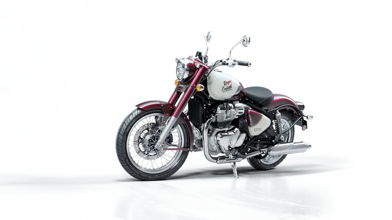 Royal Enfield Classic 650 with a white and red fuel tank and chrome detailing, side profile