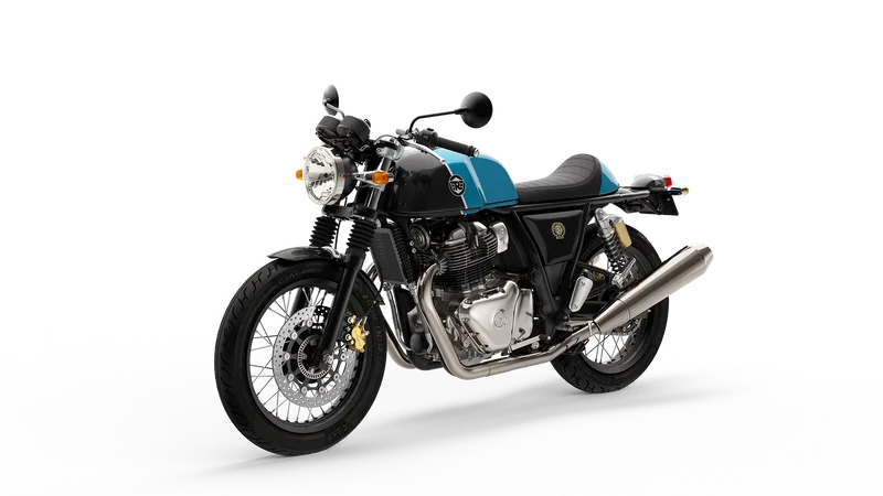 Royal Enfield Continental GT 650 café racer in black and teal with chrome exhausts, side profile
