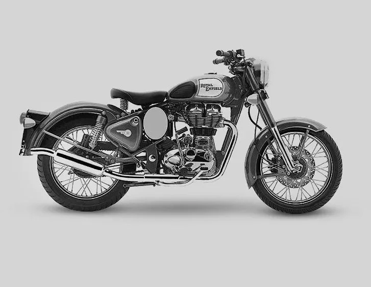 Black and white photograph of a Royal Enfield Classic 500 with its unit construction engine, side profile