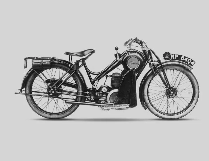 Black and white photograph of a 1924 Royal Enfield two-stroke motorcycle
