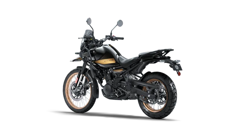 Royal Enfield Himalayan 450 in Hanle Black with dual-purpose tyres and handguards, rear three-quarter view