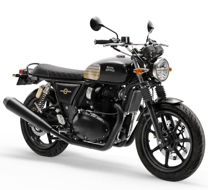 Black Royal Enfield Interceptor 650 with quilted seat and twin rear shocks