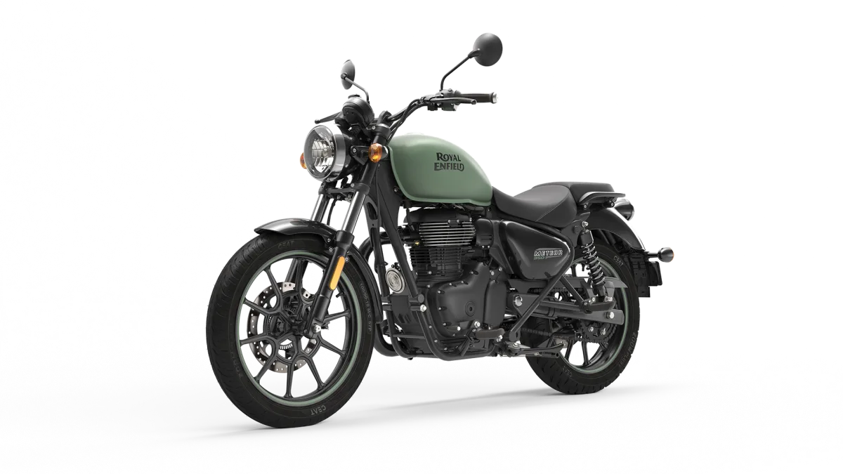 Royal Enfield Meteor 350 cruiser with a matte olive green fuel tank and black engine, front-left view