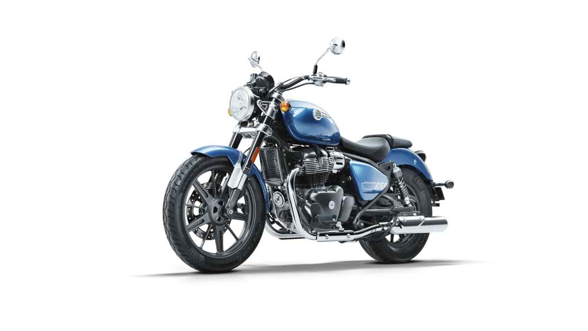 Royal Enfield Super Meteor 650 cruiser in Astral Blue with a black seat and chrome exhaust