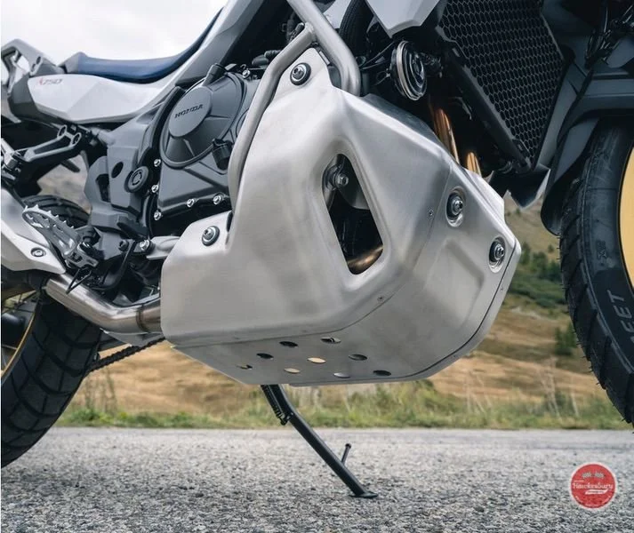 Motorcycle engine and exhaust system with a large metallic exhaust cover