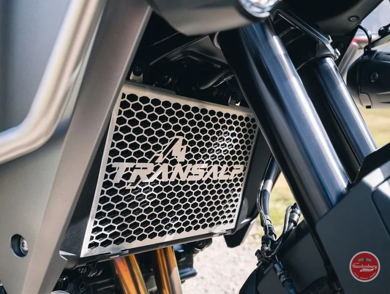 Motorcycle radiator guard with a honeycomb grille